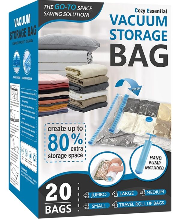 Vacuum Storage Bags, Space Saver Bags (4 Jumbo/4 Large/4 Medium/4 Small/4 Roll) Compression for Comforters and Blankets, Sealer Clothes Storage, Hand Pump Included