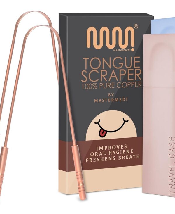 MasterMedi Tongue Scraper with Case Easy to Use Tongue Scraper for Adults, Tongue Cleaner for Oral Care & Hygiene (Copper Set of 2 (with Travel Case))