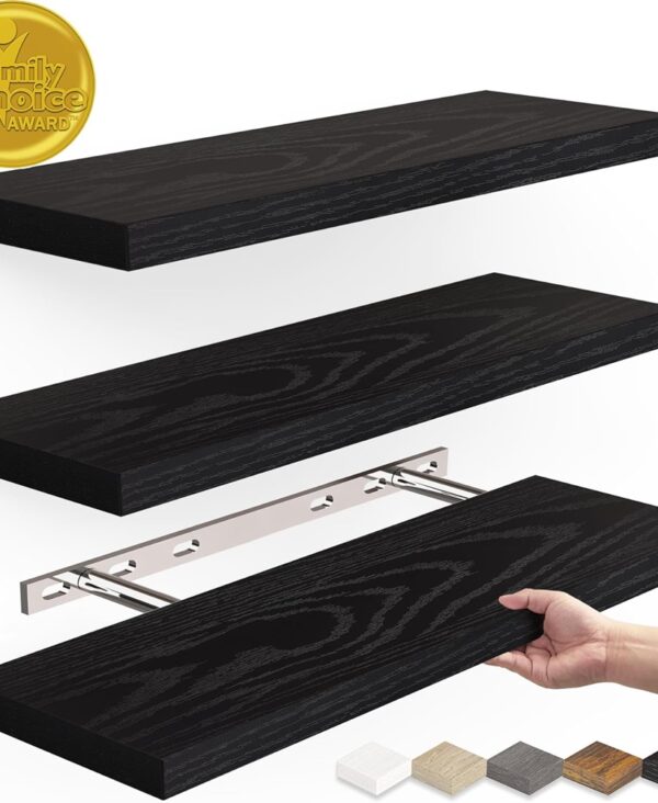 Floating Shelves for Wall, Wall Mounted Rustic Wood Shelves for Bathroom, Bedroom, Living Room, Kitchen, Hanging Shelf for Books/Storage/Room Decor with 22lbs Capacity (Black, Set of 3, 15.7in)