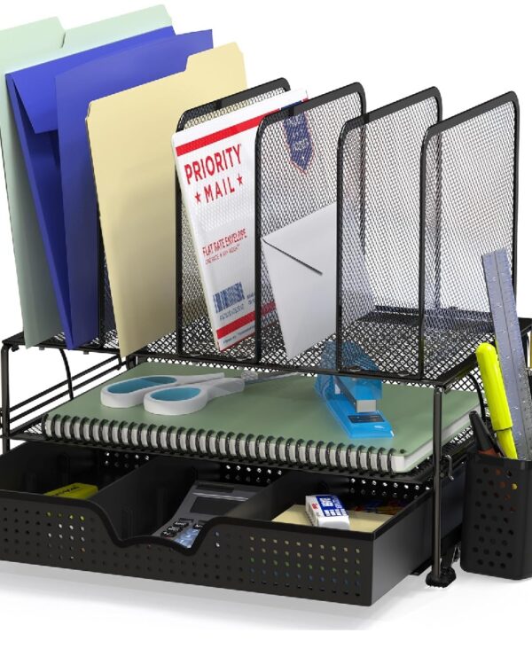 Simple Houseware Mesh Desk Organizer with Sliding Drawer, Double Tray and 5 Upright Sections, Black