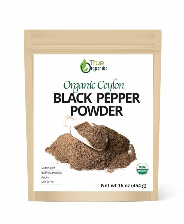 True Organic Black Pepper Ground, 1 lb, Gluten-Free Premium Grade, USDA & Kosher Certified, Pure Ceylon Quality, Non-GMO Black Pepper Powder