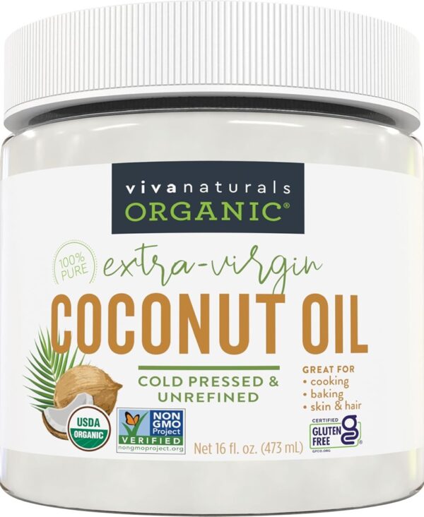 Viva Naturals Organic Coconut Oil - Unrefined, Cold-Pressed Extra Virgin Coconut Oil, USDA Organic and Non-GMO Cooking Oil, Great as Hair Oil and Skin Oil, 16 fl oz
