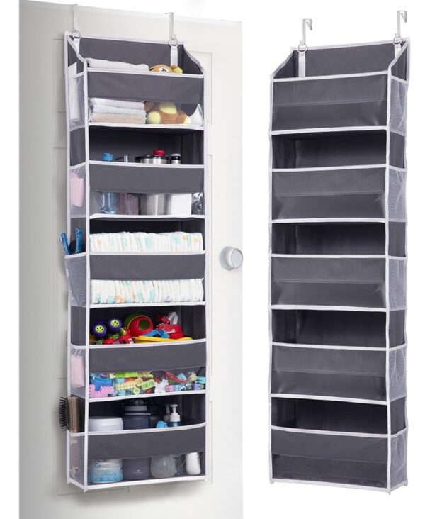 1 Pack Over Door Organizer with 5 Large Pockets 10 Mesh Side Pockets, 44 lbs Weight Capacity Hanging Storage Organizer with Clear Window Kids Toys, Shoes, Diapers, Dark Grey, 5 Layers