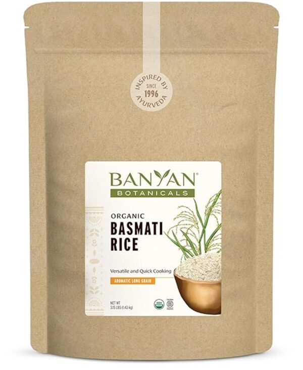 Banyan Botanicals White Basmati Rice – Organic & Pure Basmati Rice for Cooking Healthy Meals and Making Kitchari – With Resealable Zipper Bag – 3.15 lbs – Non-GMO Sustainably Sourced Vegan