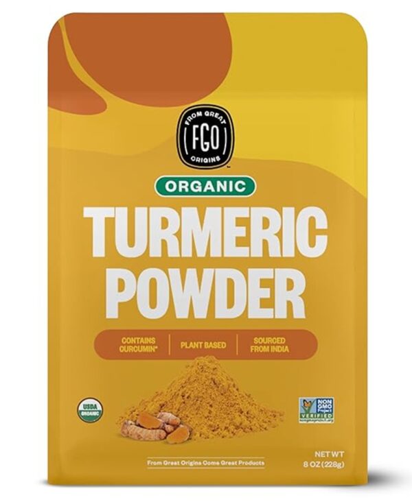 FGO Organic Turmeric Powder w/Curcumin, 8oz Resealable Pouch, USDA Organic and Non-GMO, Sourced from India, Packaging May Vary (Pack of 1)
