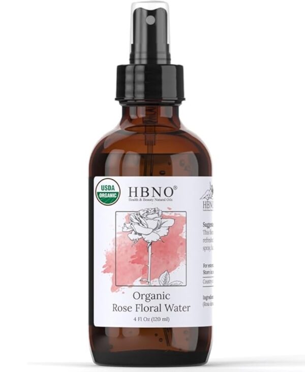 HBNO California Bottled Organic Rose Water for Face 4 fl oz (120ml) - USDA Certified Organic Rose Water Spray for Face - Pure Rose Water for Hair - Rosewater Face Mist, Rose Water Spray for Cleansing