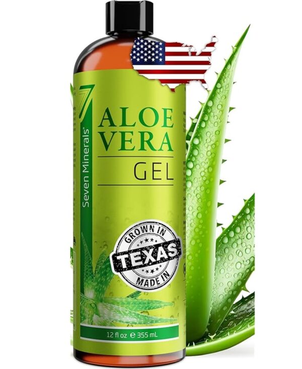 Seven Minerals Organic Aloe Vera Gel from freshly cut 100% Pure Aloe - Big 12oz - HighestQuality, Texas grown, Vegan, Unscented - For Face, Skin, Hair, Sunburn relief