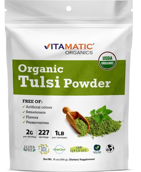 Vitamatic Certified USDA Organic Tulsi (Holy Basil) Powder – 1 Pound (16 Ounces) – Adaptogenic Herb for Stress, Immunity & Overall Wellness