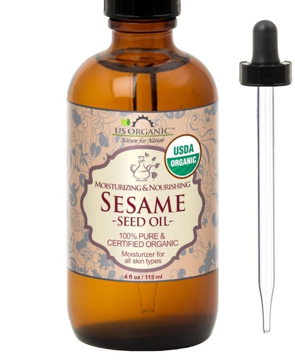 US Organic Sesame Seed Oil, USDA Certified Organic, Untoasted, Unrefined Virgin, 100% Pure & Natural, Cold Pressed, in Amber Glass Bottle w/Glass Eye dropper, Sourced from Mexico (4 oz (Large))