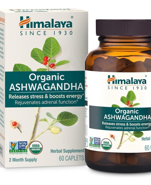 Himalaya Organic Ashwagandha, 60 Day Supply, Herbal Supplement for Stress Relief, Energy Support, Occasional Sleeplessness, Organic, Non-GMO, Vegan, Gluten Free, 670 mg, 60 Caplets