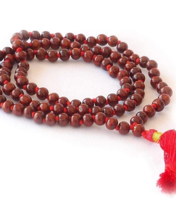 HealthAndYoga™ Rose Wood Mala (108 + 1 Beads with Tassel) & Velvet Bag - Hand Knotted Rosary for Mantra Chanting, Meditation - Invokes Vitality & Courage, Improves Skin Health, Influences Heart Chakra