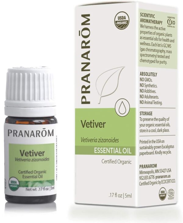 Pranarom USDA Certified Organic Vetiver Essential Oil (5ml), 100% Pure Undiluted Therapeutic Grade from Haiti & Madagascar for Aromatherapy, Diffuser, Calming, Relaxation, DIY, Massage Oil