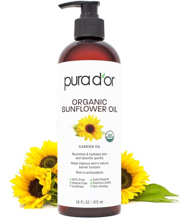 PURA D'OR 16 Oz ORGANIC Sunflower Seed Oil - 100% Pure & Natural USDA Certified Cold Pressed Carrier Oil For DIY Beauty - Unscented, Hexane Free Liquid Moisturizer - Face Skin & Hair - Men & Women