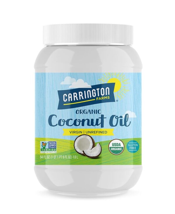 Carrington Farms Organic Unrefined Coconut Oil, Cold-Pressed, Non-GMO, Gluten-Free, Perfect for Cooking, Baking, Skin Care, Hair Oil, MCTs, 54 fl oz – Nutrient-Rich, No Trans Fats