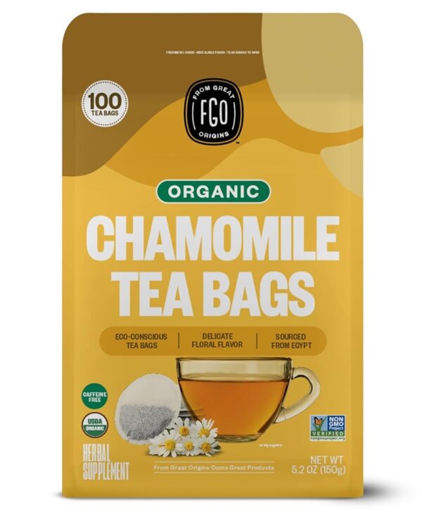 FGO Organic Chamomile Tea, 100 Eco-Conscious Tea Bags, Caffeine Free, Resealable Bag, Packaging May Vary (Pack of 1)
