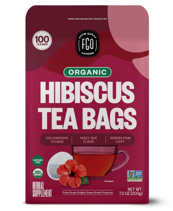 FGO Organic Hibiscus Tea, 100 Count, Eco-Conscious Tea Bags, Caffeine Free, Packaging May Vary (Pack of 1)