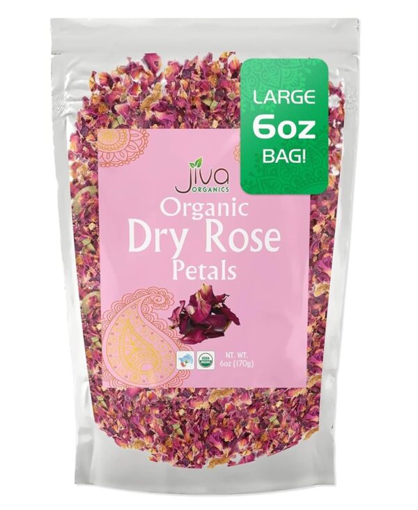 Jiva USDA Organic Dried Red Rose Petals 6 Oz (170g) Large Bag - Food Grade, Edible Flowers - Use in Tea, Baking, Making Rose Water, Crafting, Wedding Confetti