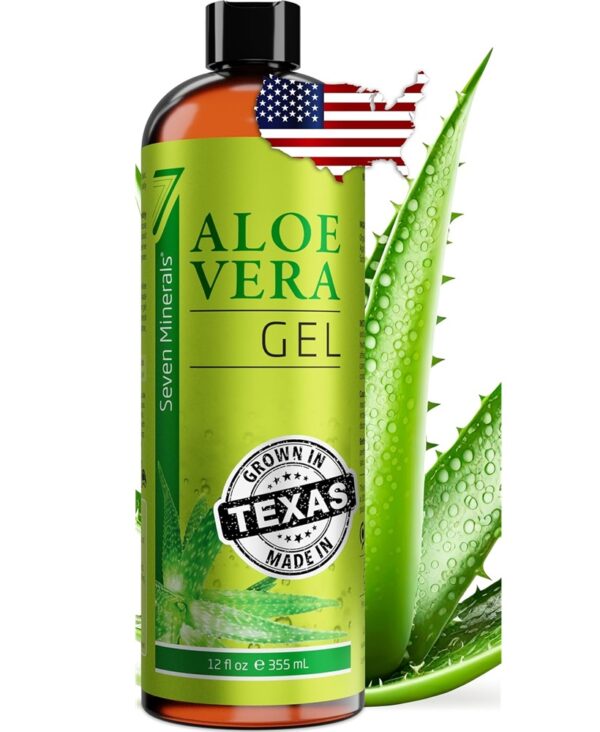 Seven Minerals Organic Aloe Vera Gel from freshly cut 100% Pure Aloe - Big 12oz - HighestQuality, Texas grown, Vegan, Unscented - For Face, Skin, Hair, Sunburn relief